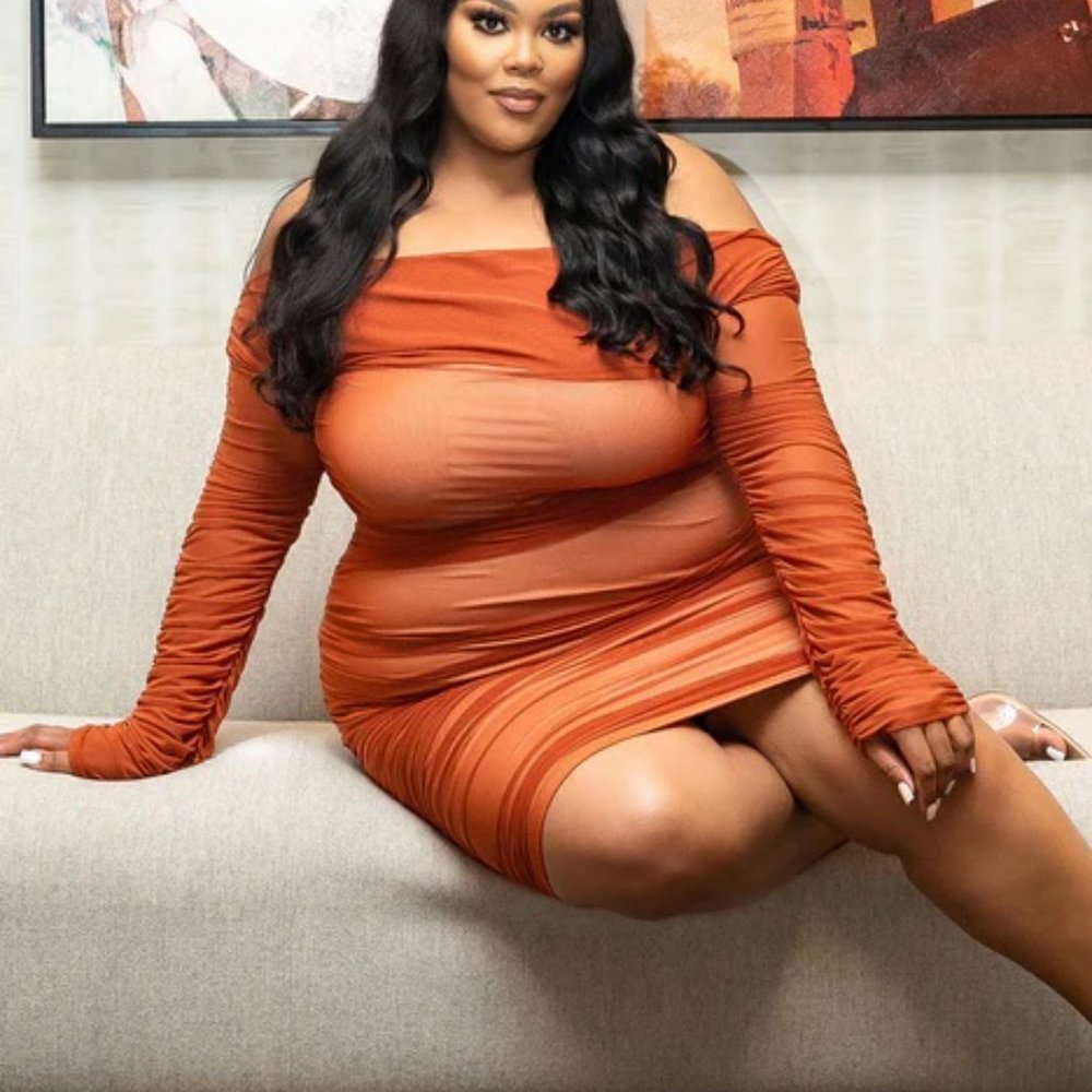 FashionNova Burnt Orange Ruched off the shoulder party dress (SIZE 2X)